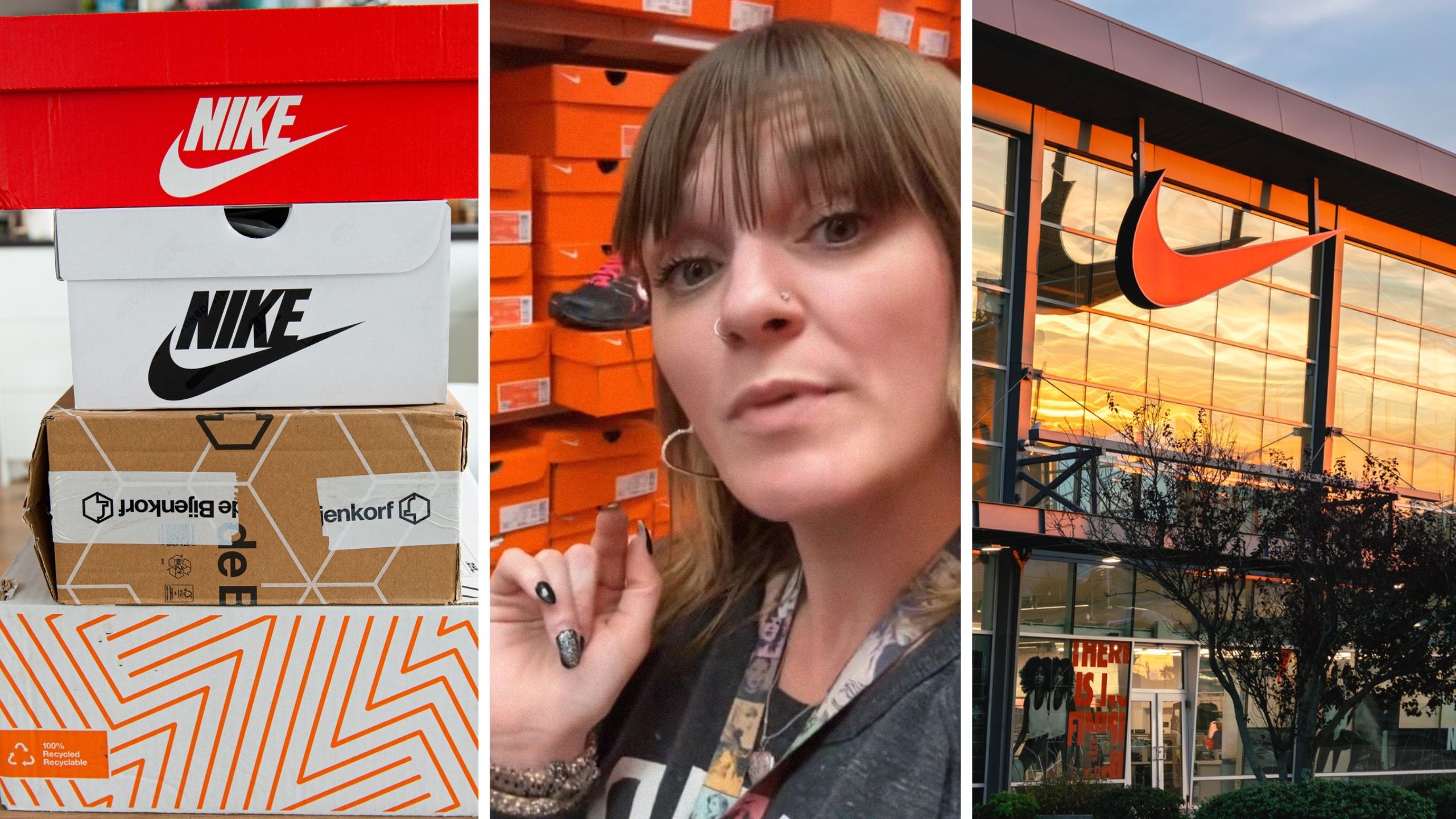 nike shoe boxes (l) woman shares nike facts (c) nike storefront (r)
