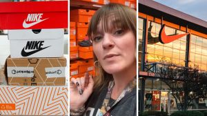nike shoe boxes (l) woman shares nike facts (c) nike storefront (r)
