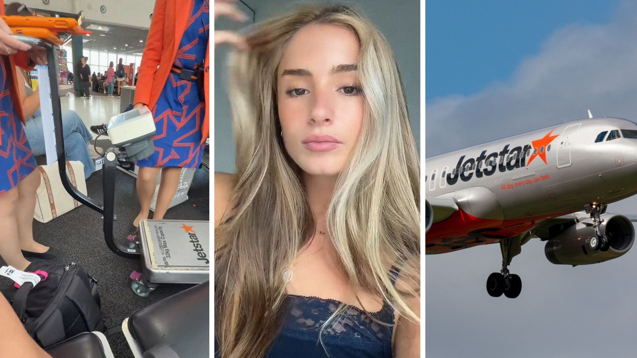 airlines workers with large scale (l) woman shares airline experience (c) Jetstar airlines (r)