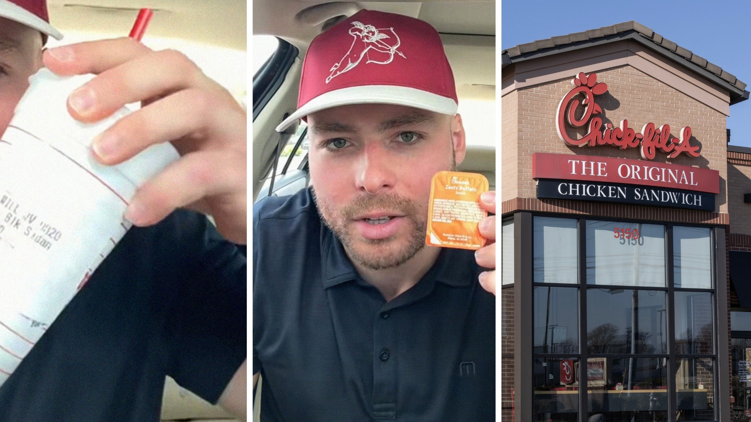 man holding soda (l) man shares chick-fil-a order (c) Chick-fil-a entrance (r)