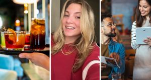 tray of drinks (l) woman shares opinion on drink orders (c) woman taking drink orders (r)