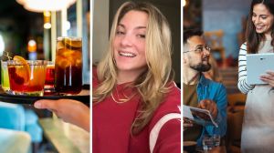 tray of drinks (l) woman shares opinion on drink orders (c) woman taking drink orders (r)