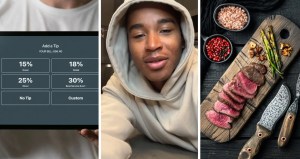 tipping option (l) man shares restaurant experience (c) fine steakhouse dining (r)