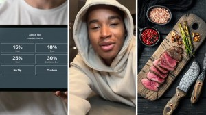 tipping option (l) man shares restaurant experience (c) fine steakhouse dining (r)
