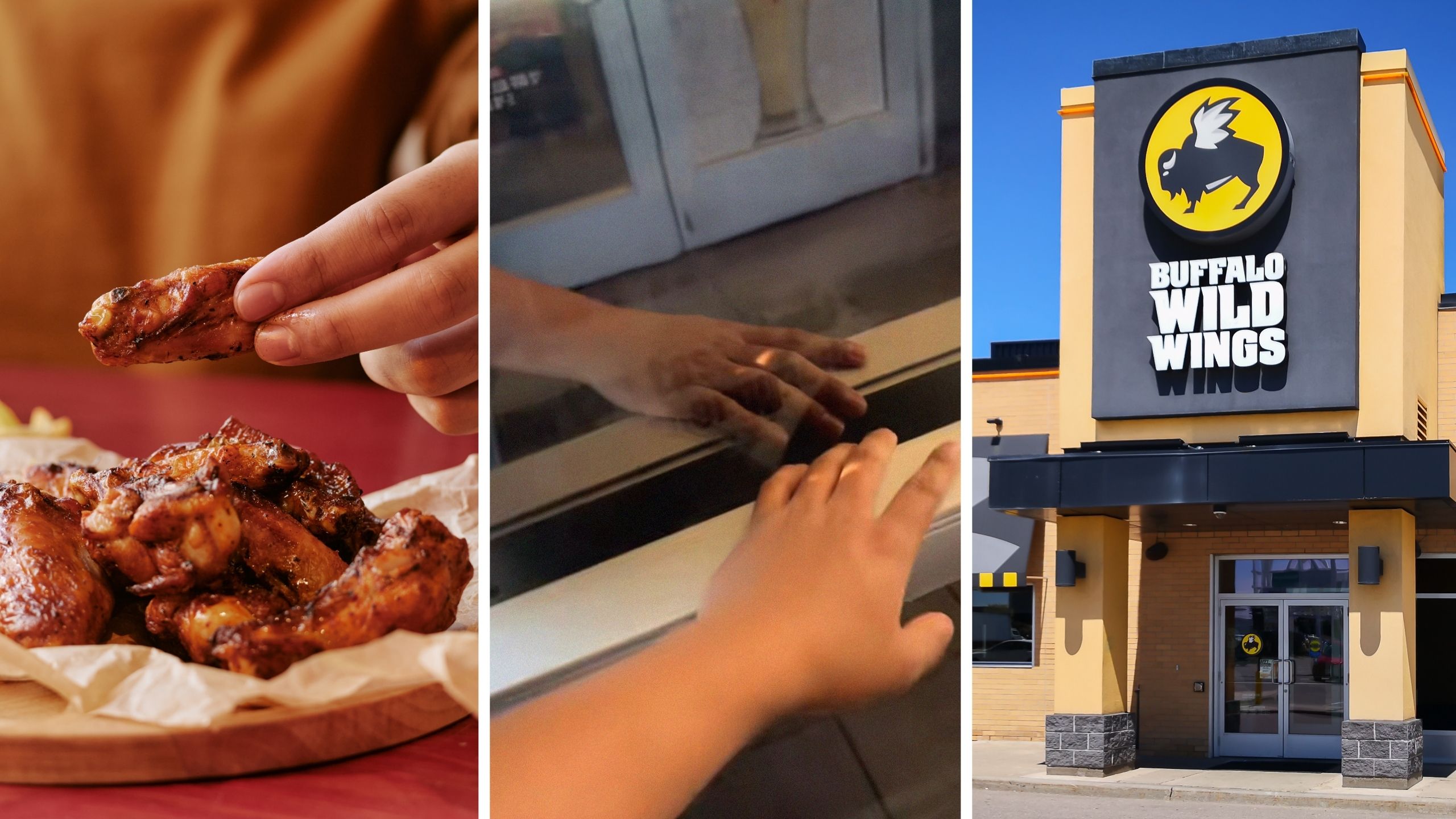 man shares buffalo wild wings experience (l) man shares door observation (c) Buffalo wild wings entrance (r)