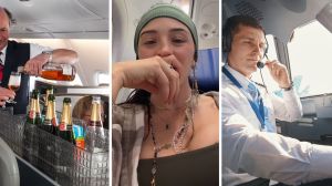 alcohol in plane (l) woman shares flight experience (c) Aircraft pilot (r)