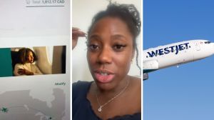 Westjet platform (l) woman shares booking flight observation (c) Westjet airlines aircraft (r)