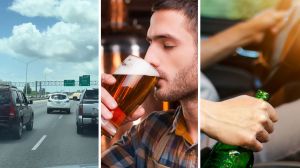 cars on the highway (l) person drinking (c) drink and driving (r)
