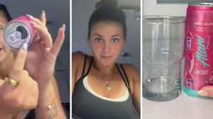 woman pointing at can (l) woman shares energy drink issue (c) Alani Nu energy drink (r)