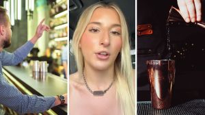 man ordering drink (l) bartender calls out customers (c) bartender pouring alcohol into drink (r)