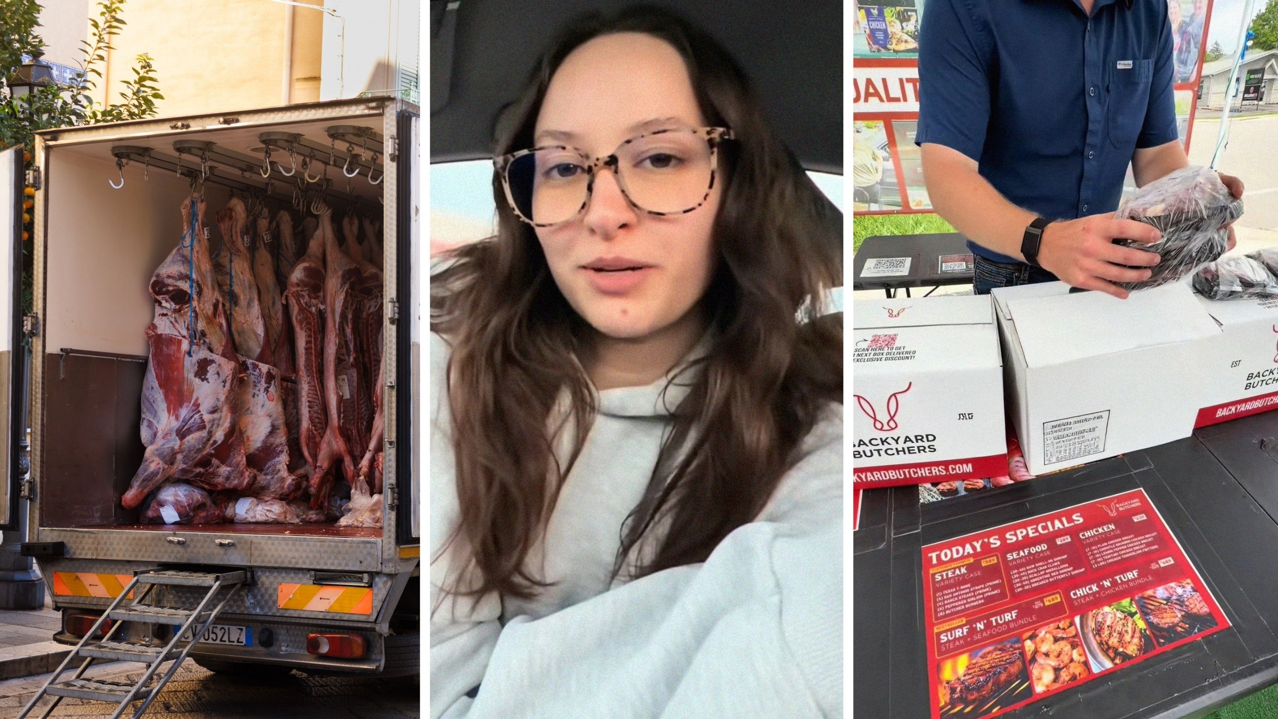 meat truck (l) couple shares large meat purchase (c) man packing up meat package (r)