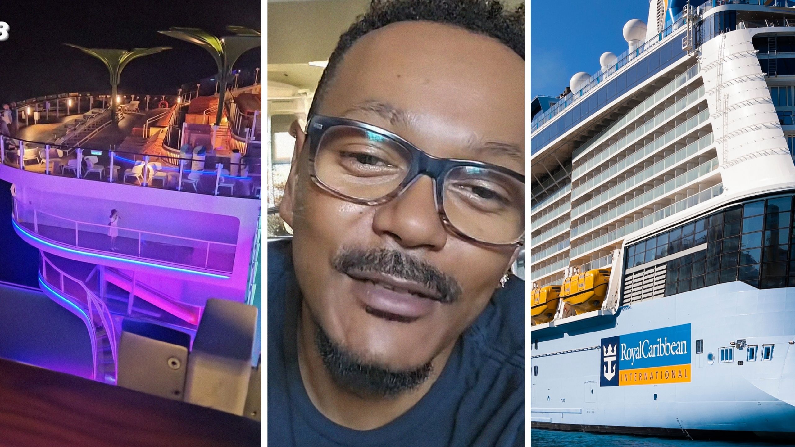 Royal Caribbean Icon view (l) man shares cruise encounter (c) Royal Caribbean cruise (r)