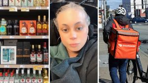 bottles of alcohol (l) woman shares doordash experience (c) Doordash delivery guy (r)