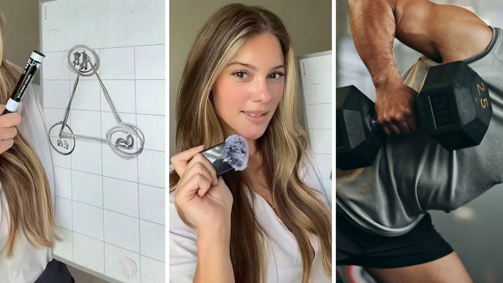 woman with white board (l) woman shares the holy trinity of male hotness (c) man with muscles (r)