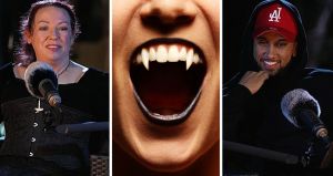 woman shares vampire tour experience with a couple (l) vampire teeth (c) horror podcast host (r)