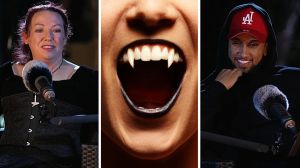 woman shares vampire tour experience with a couple (l) vampire teeth (c) horror podcast host (r)