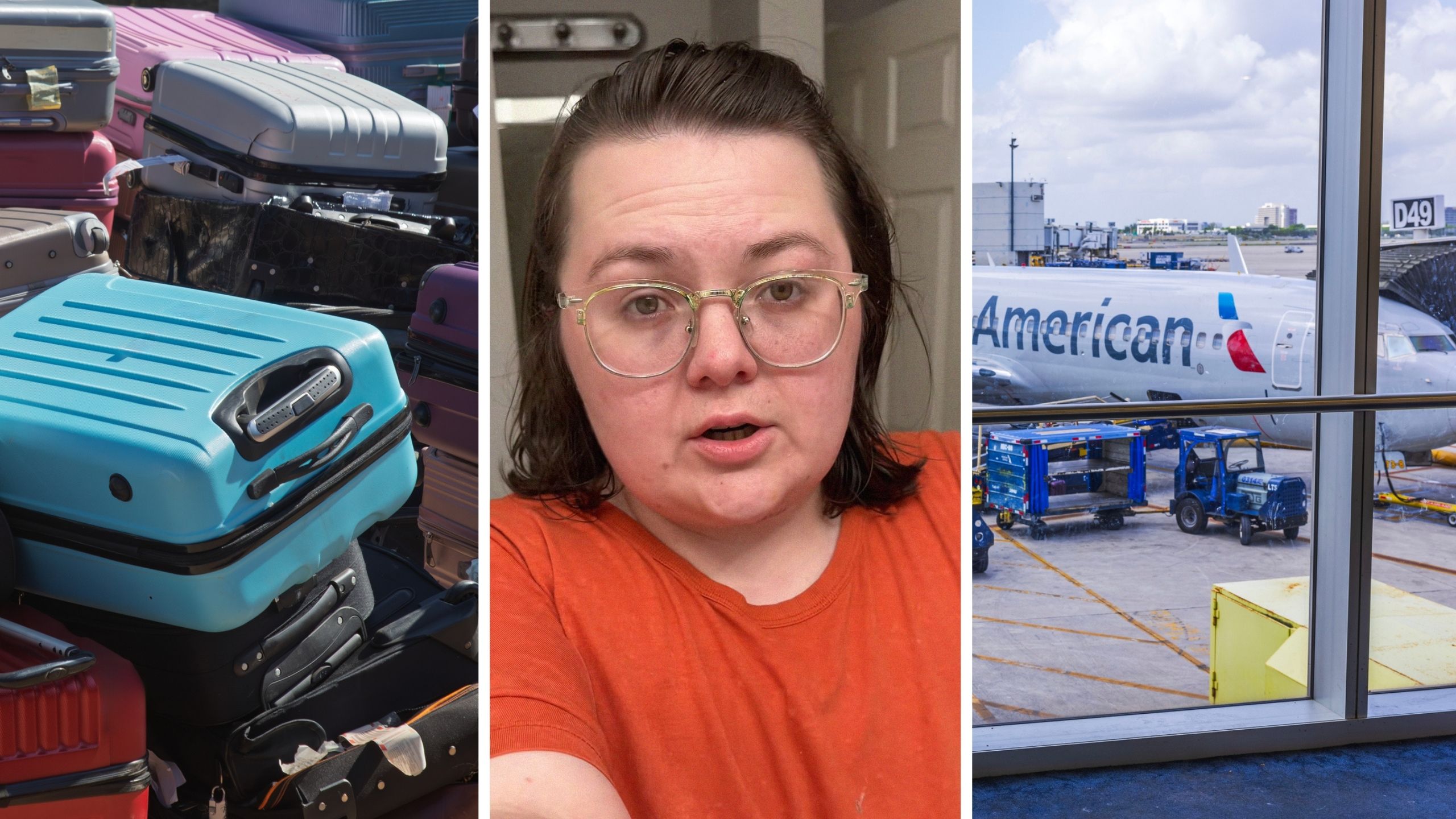 lost luggages (l) woman shares American Airlines issue (c) American airlines aircraft (r)