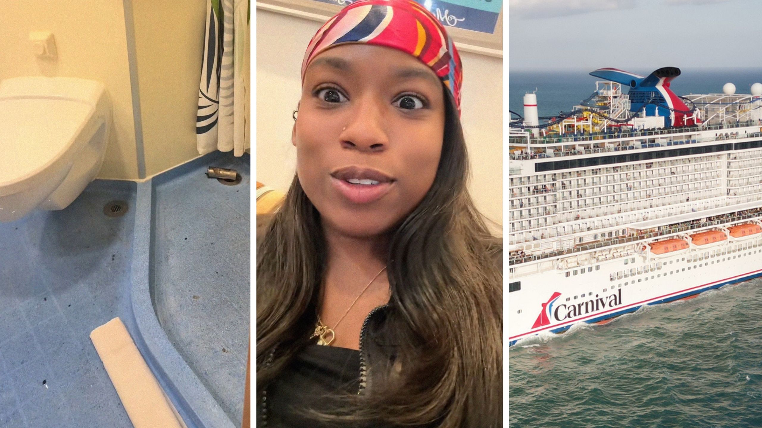 cruise bathroom (l) woman shares cruise experience (c) Carnival cruise on the go (r)