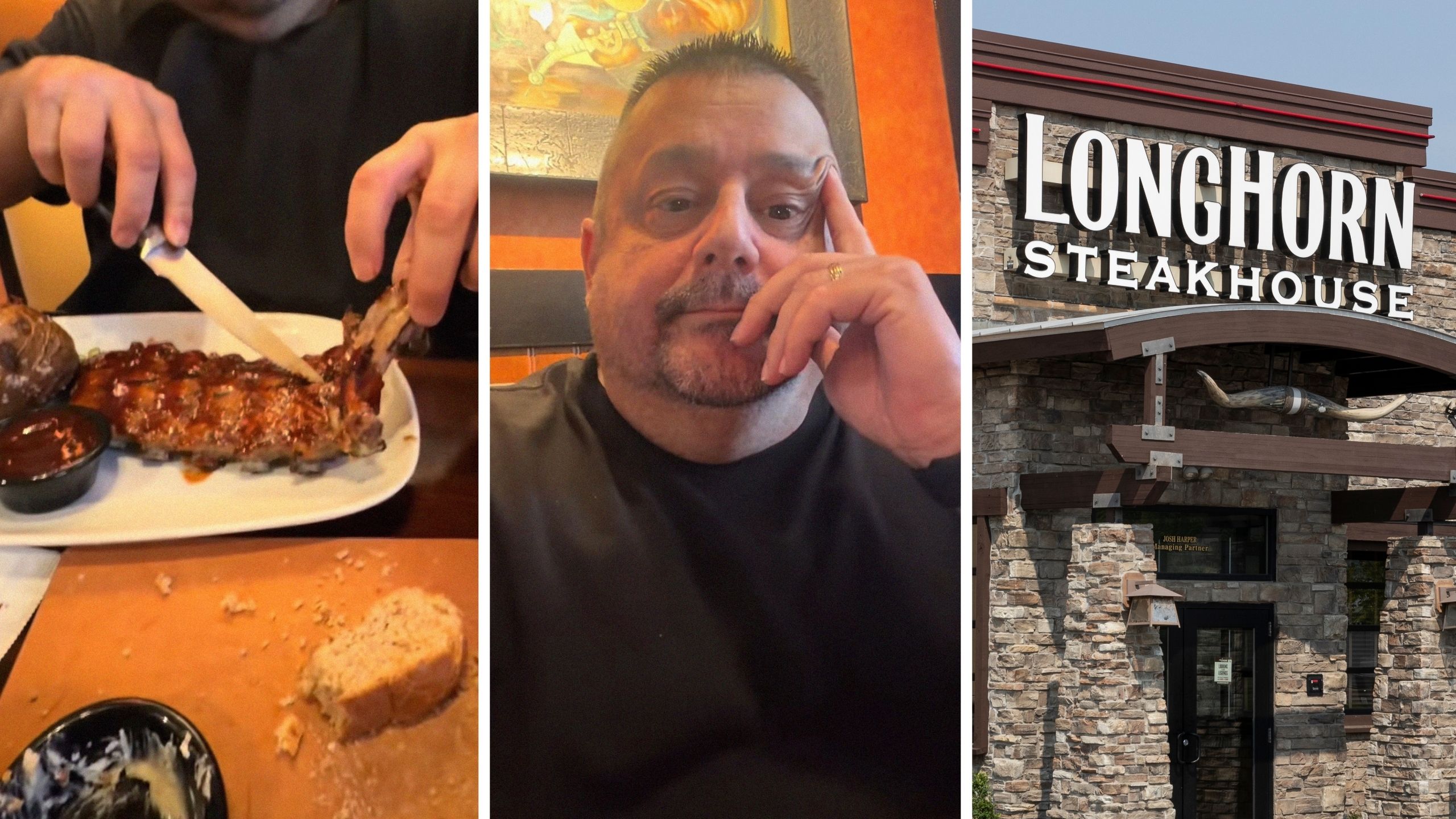 man eating out (l) man shares apple bees issue (c) Apple Bees entrance (r)