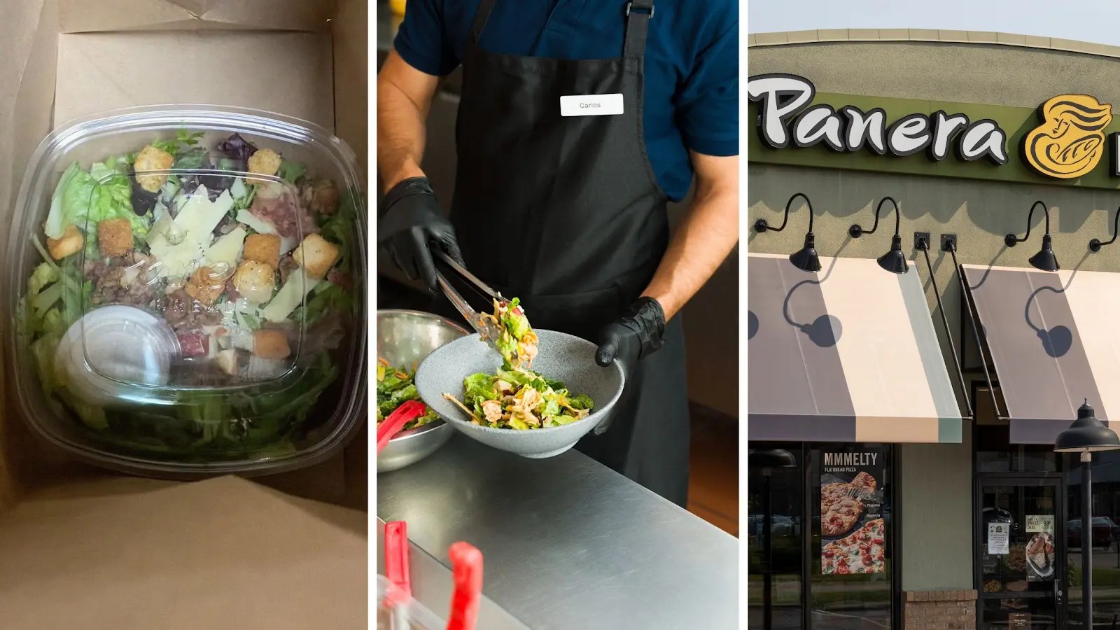 fresh salad (l) Panera kitchen worker (c) Panera Bread entrance (r)