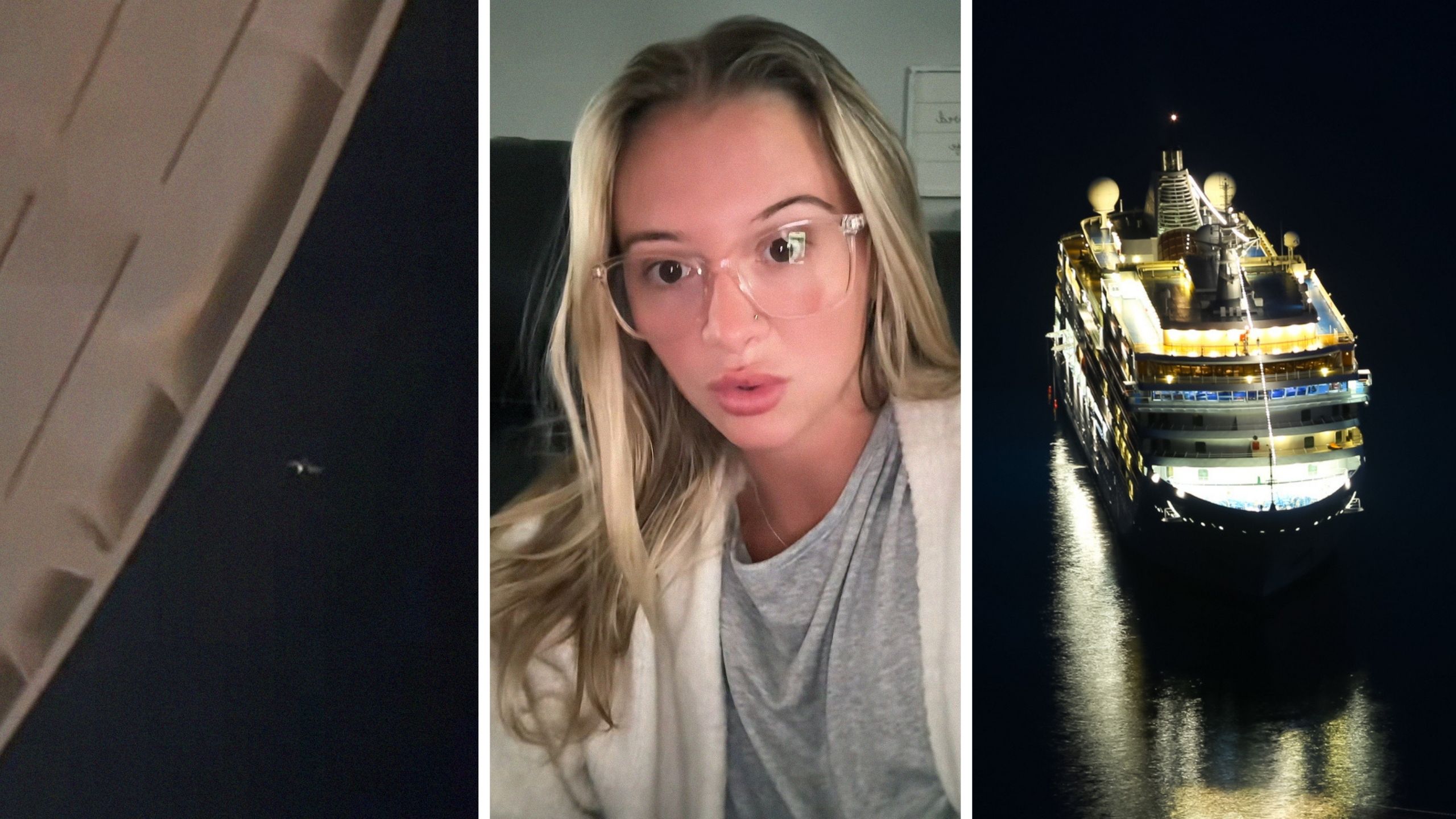 something flying in the dark sky (l) woman shares cruise experience (c) cruise at night in the middle of the ocean (r)