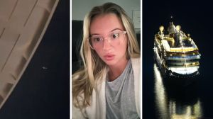 something flying in the dark sky (l) woman shares cruise experience (c) cruise at night in the middle of the ocean (r)