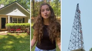 woman's childhood home (l) woman shares house issue (c) Electricity power tower (r)