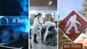 AI search (l) Researchers at work (c) Big Foot warning (r)