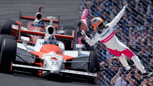 Sam Hornish leads 2006 Indy 500 Helio Castroneves celebrates 2021 Indy 500