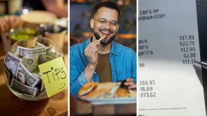 tip jar (l) man shares dining out experience (c) restaurant bill (r)