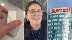 bathroom soap (l) woman shares marriott hotel experience (c) Marriott hotel front view (r)