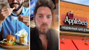 man eating out (l) man shares apple bees issue (c) Apple Bees entrance (r)
