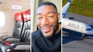 plane exit row (l) man shares flight experience (c) Delta airlines (r)