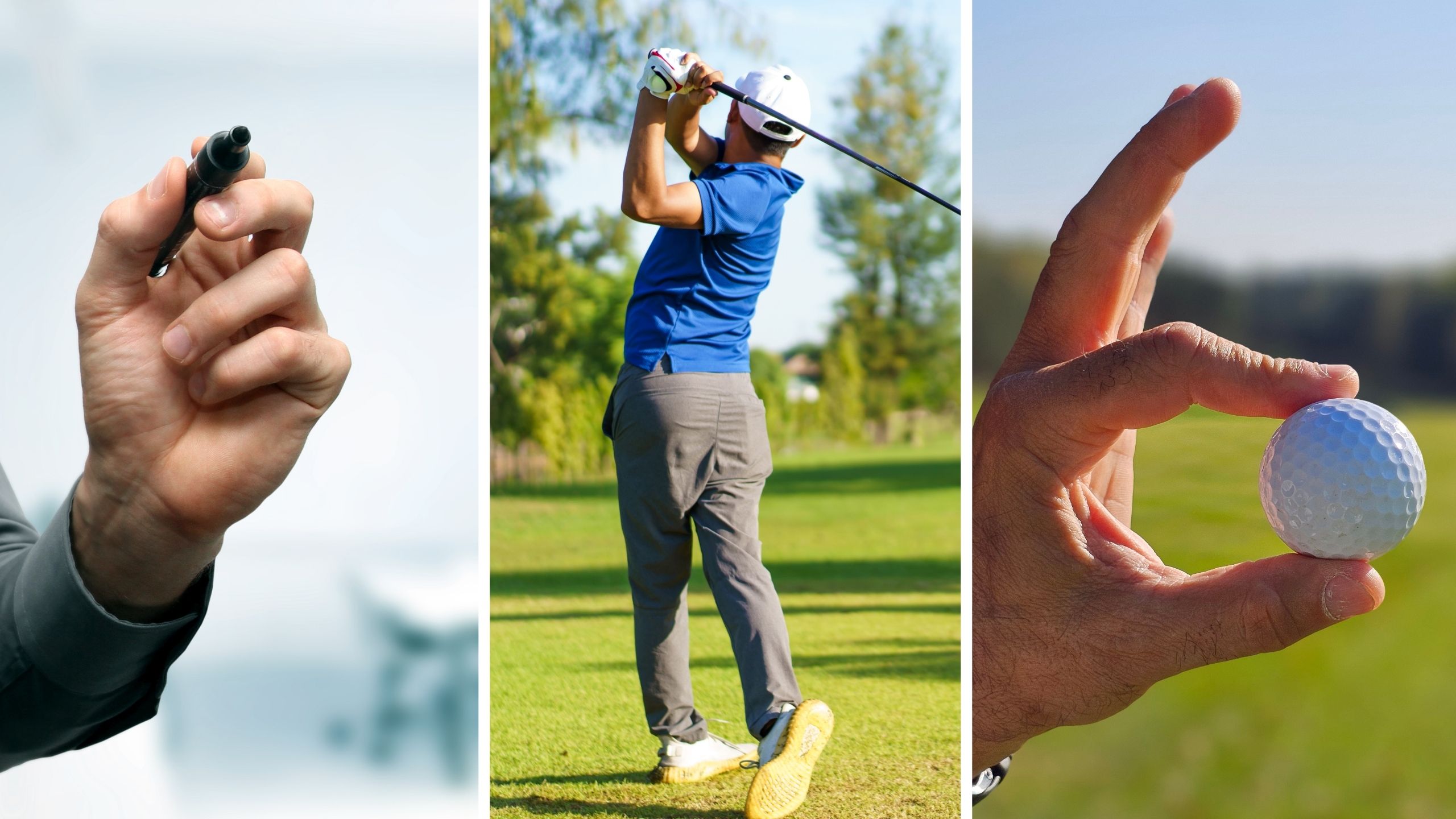 man writes on ball with marker (l) golfer shares ball struggles (c) golf balls (r)