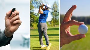 man writes on ball with marker (l) golfer shares ball struggles (c) golf balls (r)