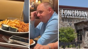 chicken tenders (l) man places strange food order at steakhouse (c) Longhorn steakhouse (r)