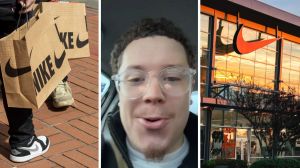 man with nike bag (l) man shares shopping experience (c) nike shoe store (r)