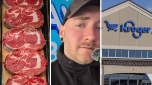 raw steak (l) man shares commercial observation (c) Kroger storefront (r)
