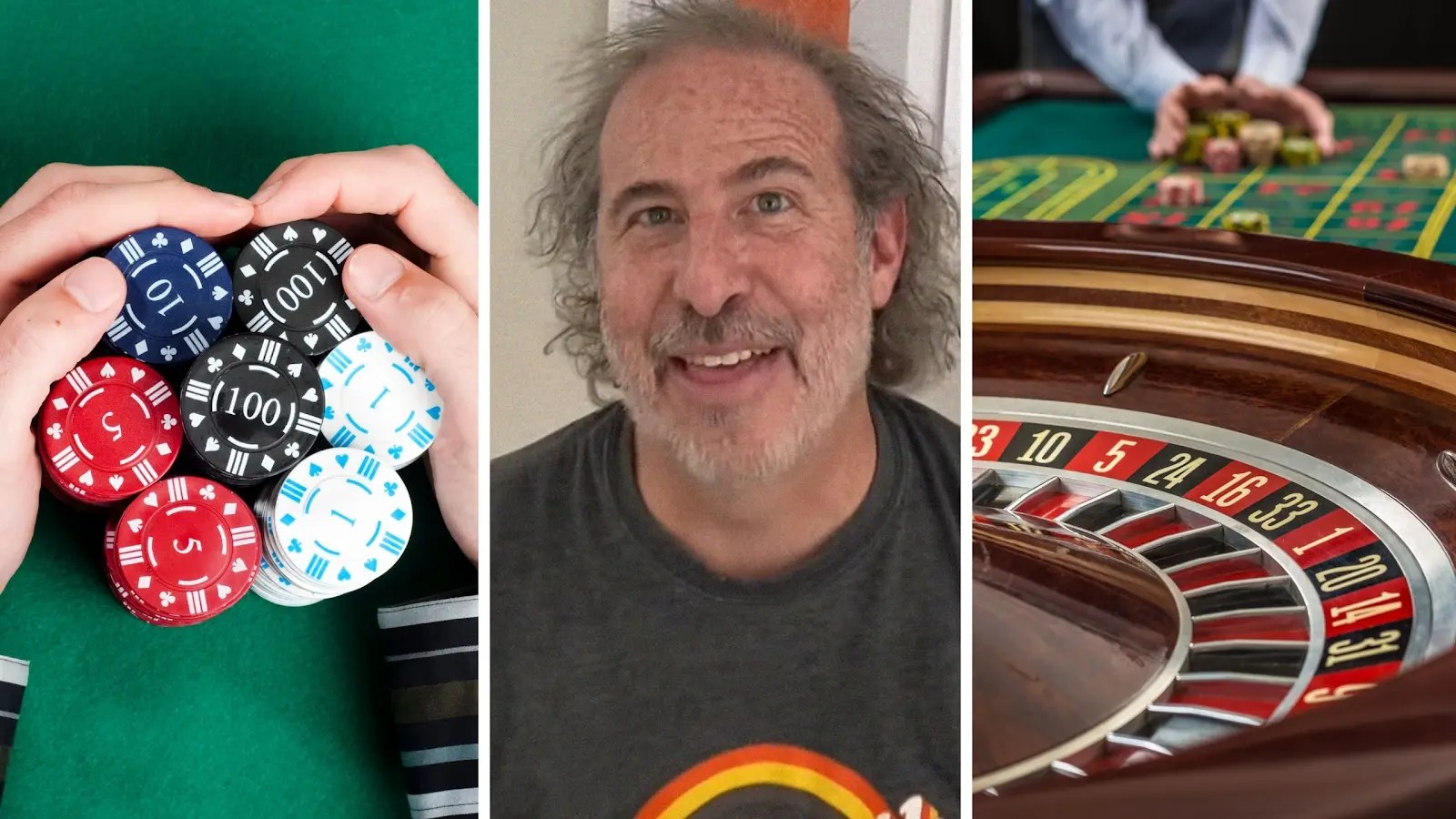 man collects winning chips (l) man shares casino experience (c) Roulette table (r)