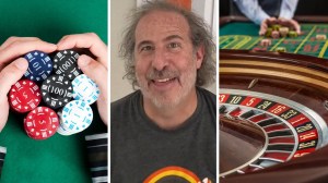 man collects winning chips (l) man shares casino experience (c) Roulette table (r)