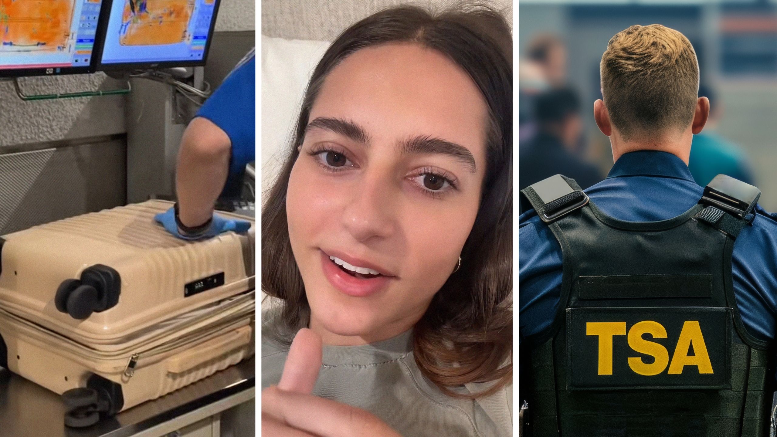 tsa searching bag (l) woman shares airport issue (c) TSA officer (r)