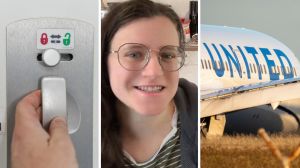 locked plane door (l) woman shares flight issue (c) United airlines plane (r)