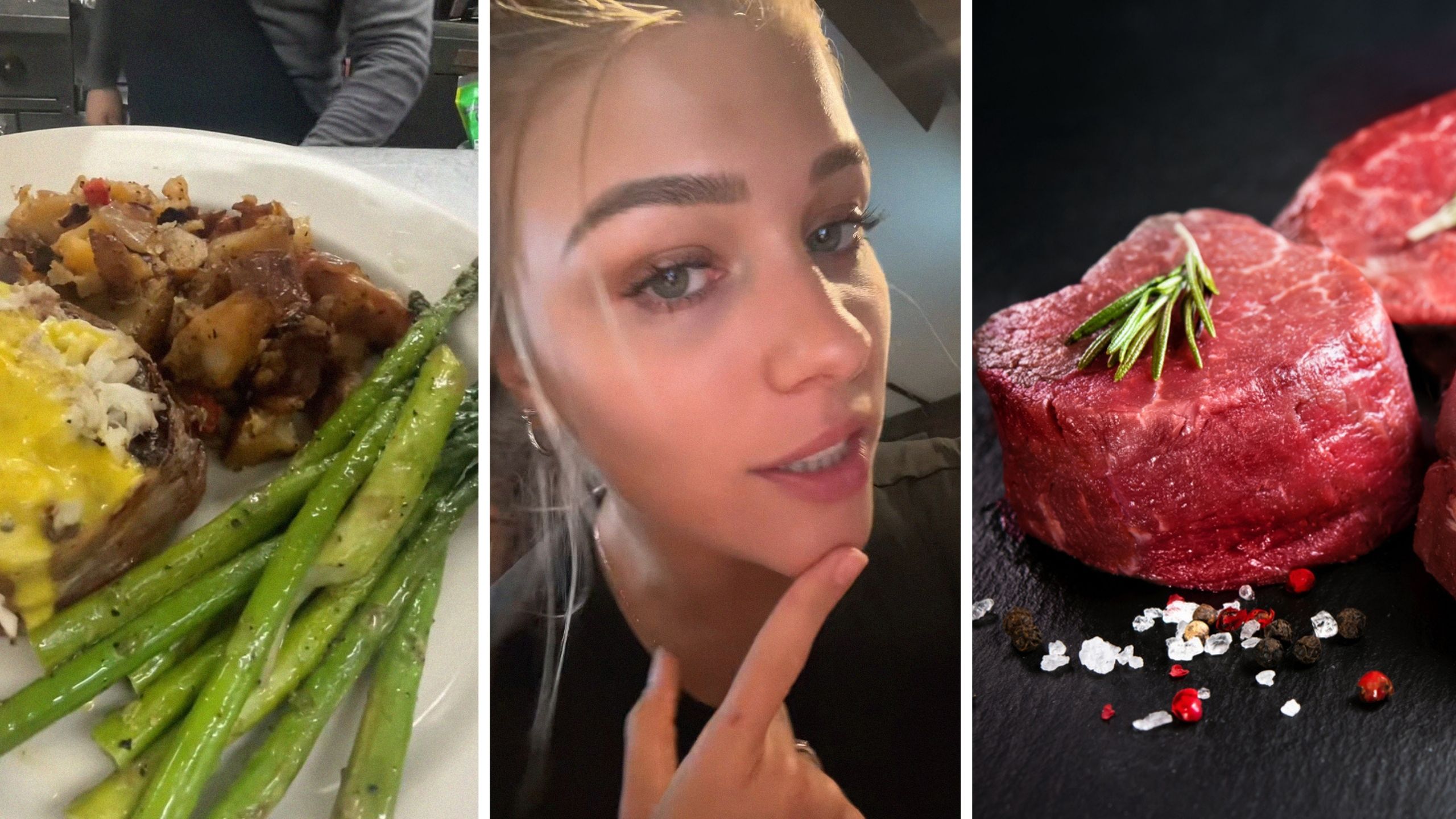 restaurant special of the day (l) woman shares restaurant special plate (c) uncooked Filet Mignon (r)