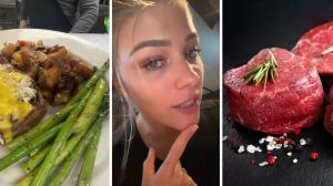 restaurant special of the day (l) woman shares restaurant special plate (c) uncooked Filet Mignon (r)