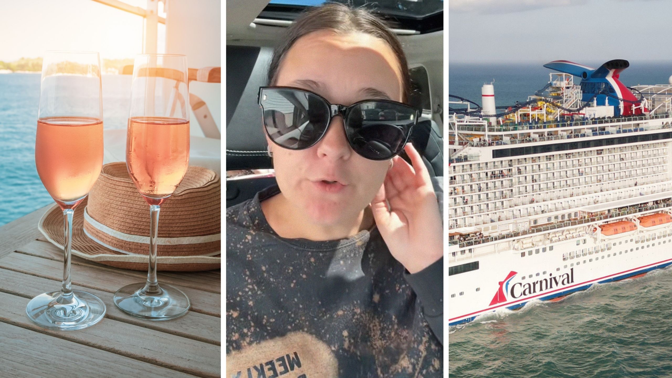 drinks on cruise (l) woman shares cruise experience (c) carnival cruise (r)