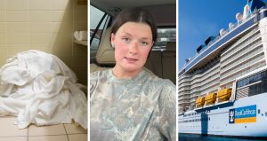 dirty towels (l) woman shares cruise experience (c) Royal Caribbean cruise (r)