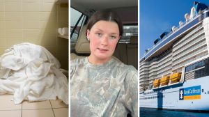 dirty towels (l) woman shares cruise experience (c) Royal Caribbean cruise (r)