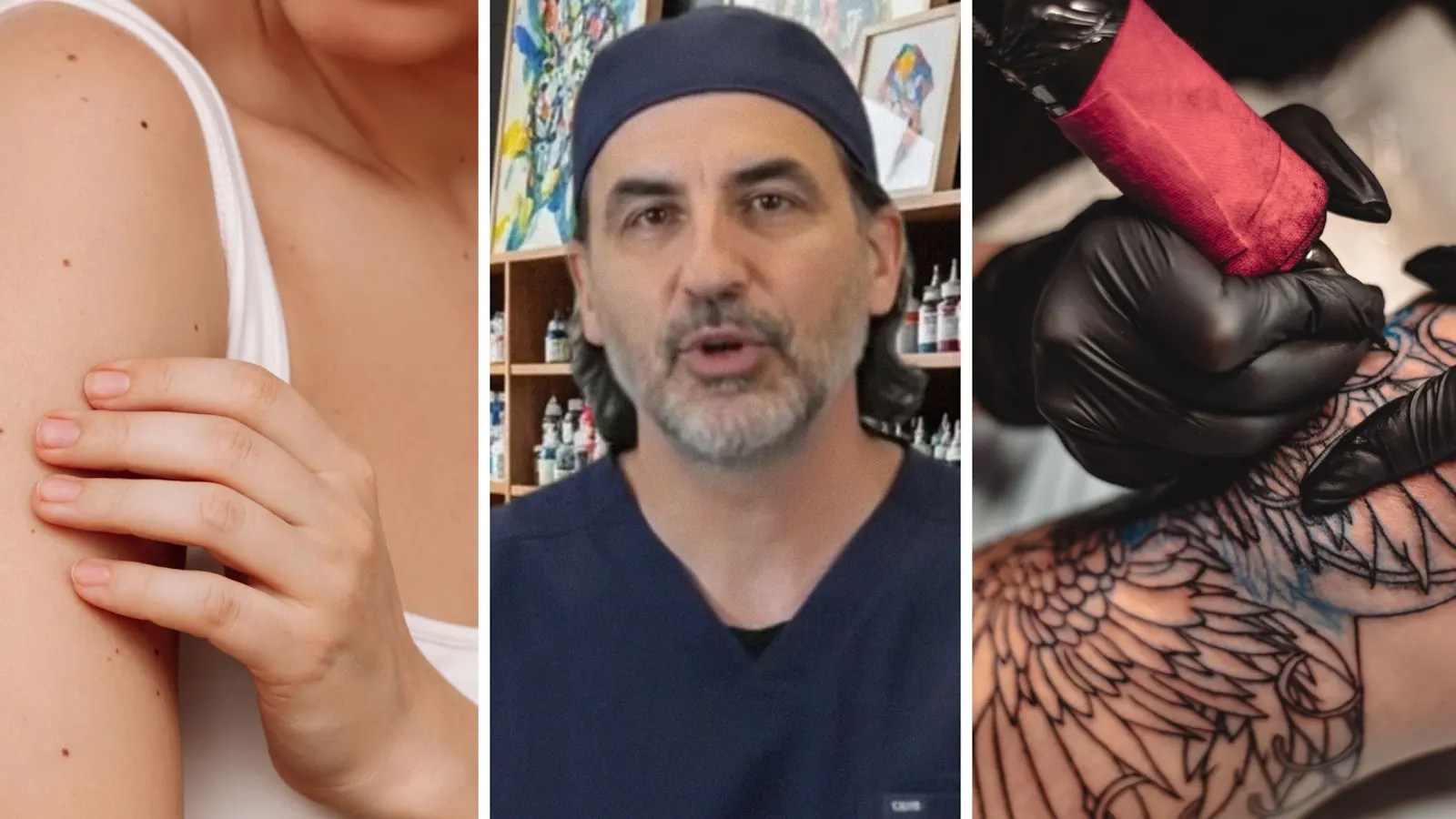 person with zero tattoos (l) Psychology expert talks about tattoos (c) person getting a tattoo (r)