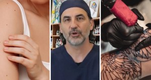 person with zero tattoos (l) Psychology expert talks about tattoos (c) person getting a tattoo (r)