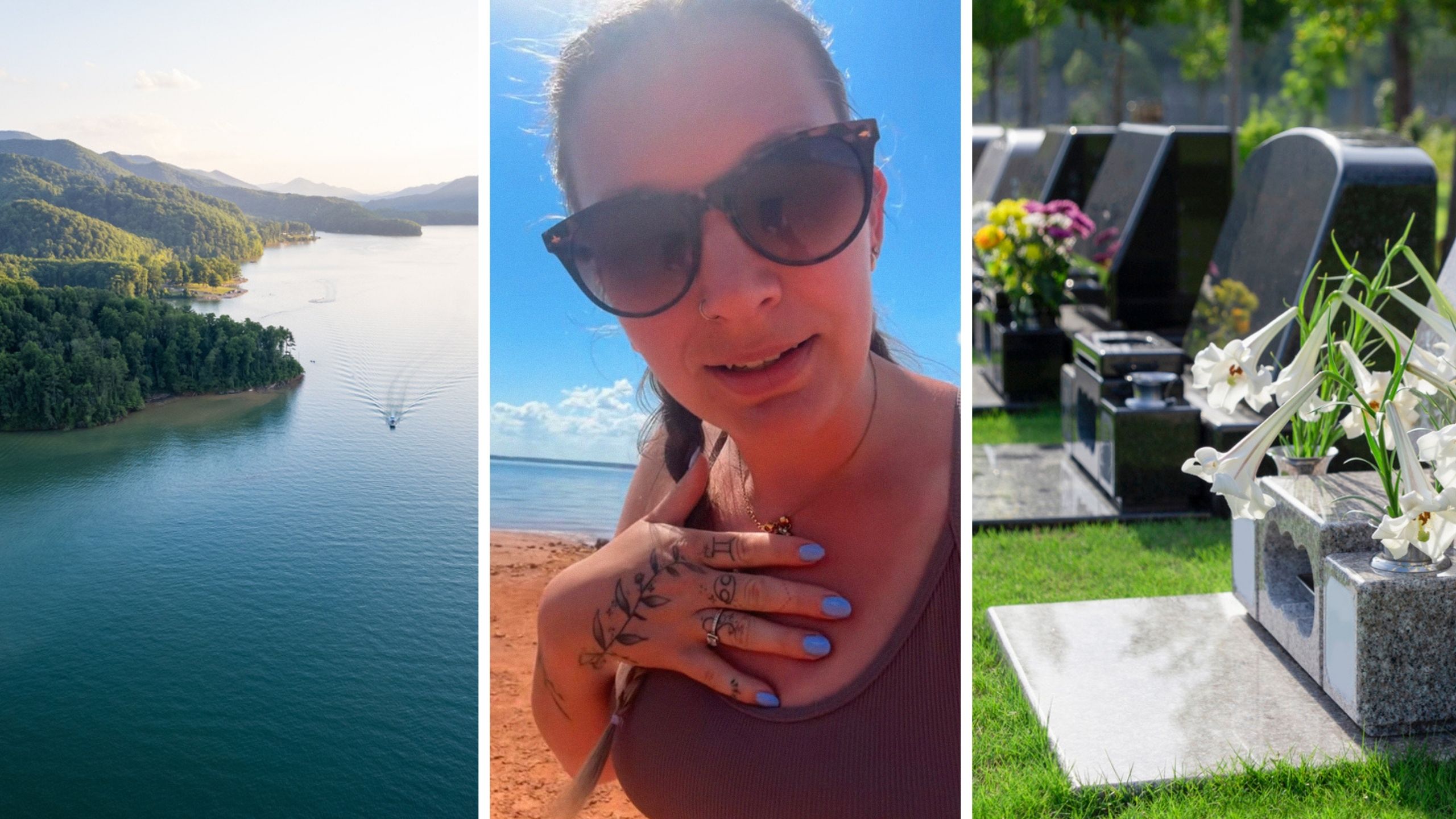 large lake view (l) woman shares island experience (c) Cemetery near by (r)